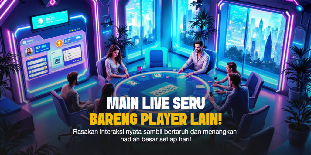 Lima pemain duduk mengelilingi meja poker digital bersama dealer wanita dalam ruang futuristik, dengan efek neon dan panel digital modern.
